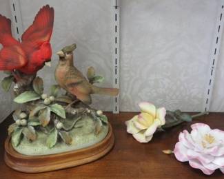 Andrea by Sadek Cardinals on Wood Base, Boehm Porcelain Flowers