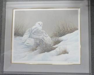 Limited Edition Artist Signed, Dave Chapple Snow Owl Print, Lucite Frame