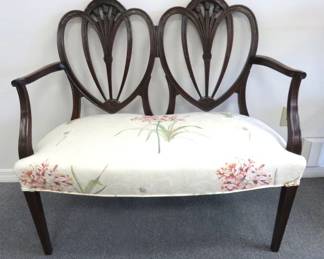 Cira 1920's-1940's Hepplewhite Style Shield Back Carved Mahogany Love Seat/ Settee/ Bench