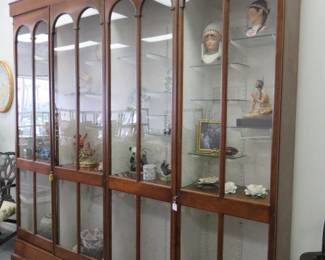 Majestic Early Mid-Century Fabric Lined 4 Door Lighted Curio Display Cabinet Signed, Michael J O'brien