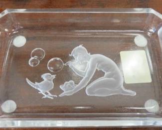 Czech Art Nouveau Glass Trinket Tray with Etched Nude Blowing Bubbles