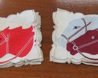 Vintage Hand Sewn Linen Equestrian Cocktail Napkins