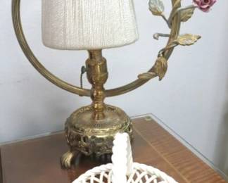 Pair 1920's French Ormolu Porcelain Flower Toleware Boudoir Lamps