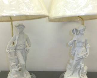 Vintage Bisque Porcelain Man & Woman Table Lamps with Lucite Base