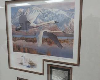 1986 Limited Edition Utah Duck Stamp Print by Leon Parson featuring Migratory Waterfowl flying swans and stamps