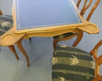 Vintage Leather Top Game Table with Pull Out Cup Holders/ 4 Chairs