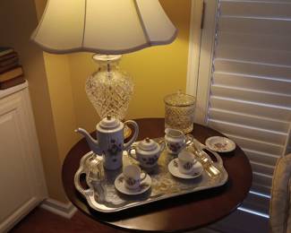 Tea set, silver tray, wood occasional table, lamp