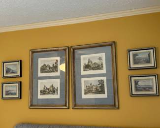 Impressive Set of Gold Framed Prints with Blue Matting