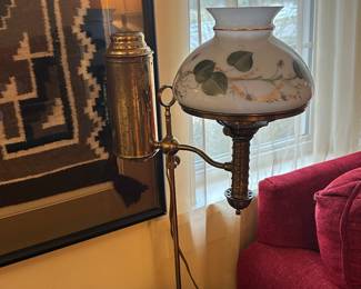 Antique Converted Brass Oil Lamp with Hand Painted Shade