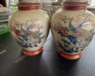 Vintage 1979 Satsuma Gold Floral Peacock Japanese Porcelain 8” Jar Vases Japan