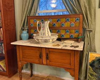 Irish Antique 1800s Marble Top Maple Washstand w/3- Tiled Back