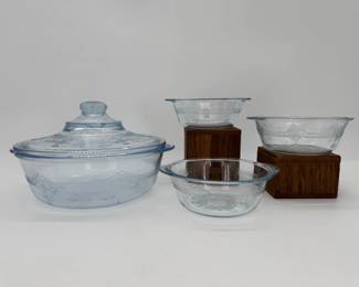 Lot - 14
Fire King Philbe Sapphire Blue Glass 1QT Casserole Dish w/ Knob Lid + 3 Individual Casserole Dishes