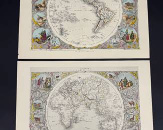 Lot - 86
Vintage Art Litho Maps Eastern & Western Hemispheres - 1851 John Tallis & Co J Rapkin Hand Colored Maps