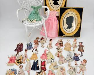 Lot - 61
Antique Vintage Paper Dolls, Wicker Doll Chair, Silhouettes +