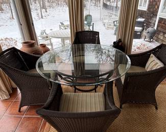 Rattan, glass and metal dining set