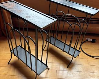 2 slim, metal side tables with magazine holders