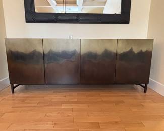 Long metal console table with 2 cabinets and shelves