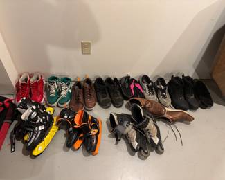 Assorted mens and boys shoes and skates