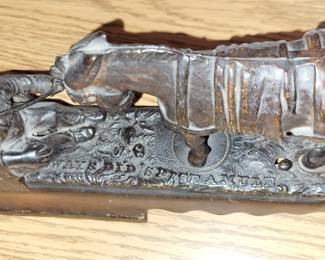 Mechanical bank, "ALWAYS DID 'SPISE A MULE", American, late 19th century, kicking donkey with seated black man with whip. Original finish. Works perfectly