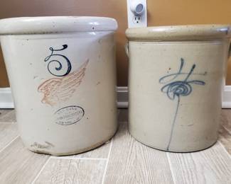 Red Wing 5 gal w/large wing ~ blue marked 'beesting' 4 gal.