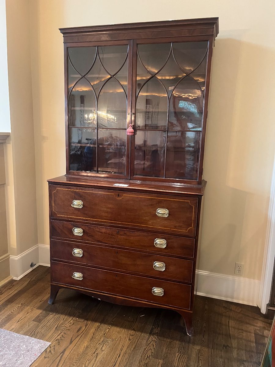$4800. Beautiful drop leaf antique mahogany secretary with satinwood interior.  In excellent condition, original glass in the doors and brasses and shelves. and vitrine  upper shelves.  49"w x 22"d x 90"h.  Originally $18,500  Dating to 1790.  Available for online purchase which opens Wednesday at 7pm.  See sale description to learn how to buy online.  