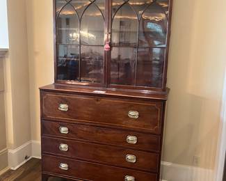 $4800. Beautiful drop leaf antique mahogany secretary with satinwood interior.  In excellent condition, original glass in the doors and brasses and shelves. and vitrine  upper shelves.  49"w x 22"d x 90"h.  Originally $18,500  Dating to 1790.  Available for online purchase which opens Wednesday at 7pm.  See sale description to learn how to buy online.  