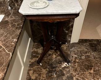 $230. Marble top Victorian table.  20" x 15" x 29"h. Available for online purchase which opens Wednesday at 7pm.  See sale description to learn how to buy online. 
