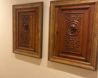Carved wood panels.  For sale during in-person shopping Friday and Saturday only.