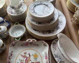 $180. Royal Worchester "June Garland" china set consisting of 6 dinner plates, 7 salad plates, 9 bread/butter plates, 8 soup bowls, five fruit bowls 4 cups and saucers, 1 cream pitcher,  and 1 gravy or sauce boat,