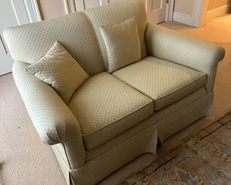 $190.  Custom upholstered love seat.  53"w x 37"d x 30"h.  Available for online purchase which opens Wednesday at 7pm.  See sale description to learn how to buy online. 