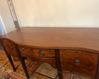 $2600. Antique English sideboard in mahogany with ebony inlay and tapered cuffed legs - two drawers and one door.  72"w x 32" d x 36"h.  Originally $5500 dating to 1790.Available for online purchase which opens Wednesday at 7pm.  See sale description to learn how to buy online. 