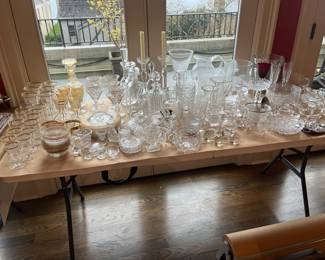 Crystal stemware and serving items for sale during in-person shopping hours Friday and Saturday.