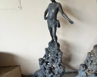 A pair of Bronze statues depicting Mars the Roman god of war an Jupiter the Roman god of sky and thunder seen in the next photo.  Approximately 48"h x 22" w. 
Sold during in-person shopping Friday and Saturday.