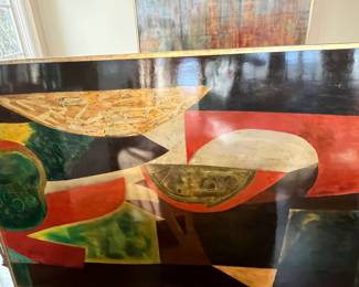 $6500 "Hanoi". by Vietnamese artist Thanh Chuong.  Original large abstract with gold frame measures 73"w x 49"h.  Lacquer painting on wood.  Original cost $13,500. Available for online purchase which opens Wednesday at 7pm.  See sale description to learn how to buy online. 