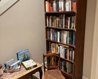 $340. Bookcase with a drawer at the base and brass detailing on the corners.  30"w x 12"d x 77"h Available for online purchase which opens Wednesday at 7pm.  See sale description to learn how to buy online. 
