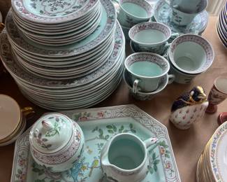 $280. "Singapore Bird" Calyx Ware by Adams.  Set consists of 10 cups/saucers, 1 platter, a sugar and creamer, 11 dinner and 9 salad plates.