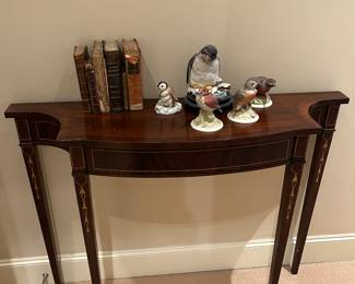 $290. Mahogany inlaid wood console table.  42"w x 12"d x 32"h.  Available for online purchase which opens Wednesday at 7pm.  See sale description to learn how to buy online.  