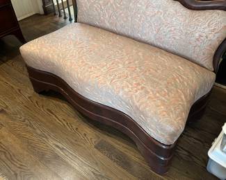 $980  Wood framed upholstered in Fortuny fabric antique mahogany slipper bench.  43"w x 24"d x 30"h.  Seat height is 16".  Perfect for the end of your bed! Available for online purchase which opens Wednesday at 7pm.  See sale description to learn how to buy online. 