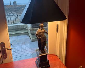 $260. Lamp with a brass statue of a solider - roman or greek !  32"h to the top of the finial.  Available for online purchase which opens Wednesday at 7pm.  See sale description to learn how to buy online. 