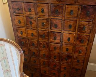 $490. Antique chest with multiple drawers.  32"w x 19"d x 45.5"h.  Available for online purchase which opens Wednesday at 7pm.  See sale description to learn how to buy online. 