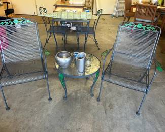 Three piece wrought iron set - two chairs and an occasional table - easy to paint out the green trim or not...