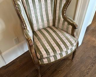 $290. Ornate gilded wood framed antique wingback chair. 26"w x 36"d x 36"h. Available for online purchase which opens Wednesday at 7pm.  See sale description to learn how to buy online. 