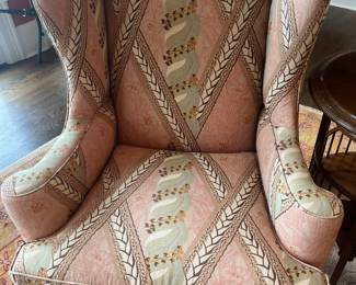 $960 One of a pair of wing back chairs with carved feet and linen upholstery.  31"w x 27"d x 43"h.  Available during in person shopping starting at 7pm Wednesday the 26th.