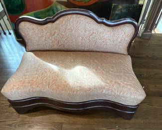 $980. Antique  bench upholstered with Fortuny fabric.  Perfect for at the foot of bed for putting on your shoes! 43"w x 24" d x 30"h  Seat height is 16".  Available for online purchase which opens Wednesday at 7pm.  See sale description to learn how to buy online. 