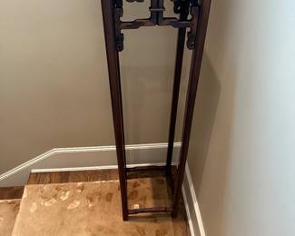 $4800.  A pair of Chinese tall display stands (Xiangji) of rosewood.  Each stand with floating panel top, beaded square leg stretchers, for strength and stability.  rare in this dimension.  14" sq. x 58"h.  Late 19th century.   
Museum glue is on the top but will be removed. 
From Honeychurch Antiques. 