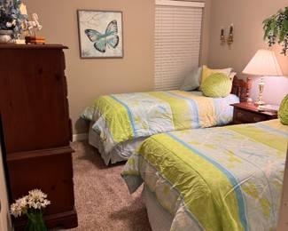 Matching twin beds, perfect colors for those bright kids. Side table. Chest of drawers. 
