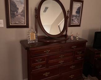 Primary bedroom, dark mahogany, unique dresser 