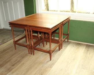 Katie's favorite piece in the sale! Mahogany square coffee table with 4 individual side tables that fit snugly underneath! So practical !$500