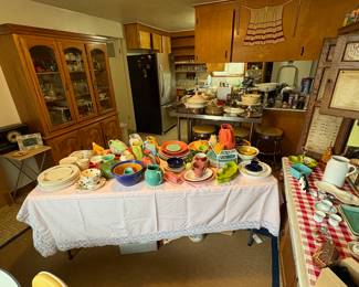 Fiesta, Bauer, vintage, crystal, silver. Vintage diner set
Island with stools
Hutch, side board, cds, books, cookware, functional, fun. Tea pot sets, bells