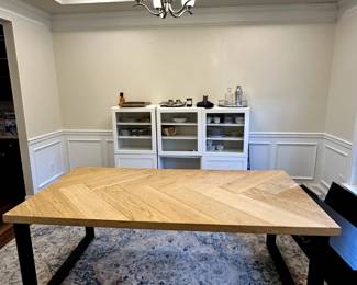 C48 - $350. Herringbone Wooden Look Top with Metal Base. Table Measures 79" long x 39" x 30" tall. Chairs are priced separately. 